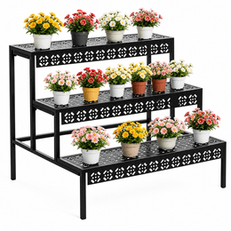 70cm black 3-tier metal plant stand with colourful flower pots on a white background