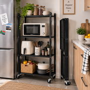 foldable metal storage cart with four shelves and durable wheel base