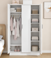 Open white 3-door wardrobe with hanging clothes, folded linen, shelves and shoe storage