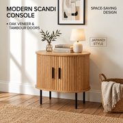 Oval Side Table with Storage and Sliding Tambour Doors