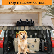 Foldable Hand Truck with 6 wheels showcased in a home and vehicle setting, highlighting easy storage and transport.