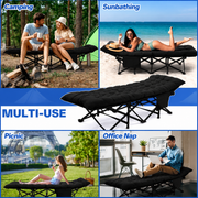 Folding camping cot with mattress set up outside a camping tent