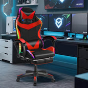 Ergonomic RGB LED Gaming Chair in black and red, featuring dynamic lighting in a stylish gaming setup.