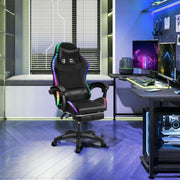 Ergonomic RGB LED Gaming Chair displayed in a stylish gaming setup with dynamic lighting and modern desk.