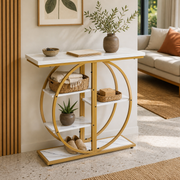Gold Circle Console Table with Marble Shelves & Storage