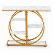 Gold Circle Console Table with Marble Shelves & Storage