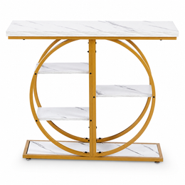 Gold Circle Console Table with Marble Shelves & Storage