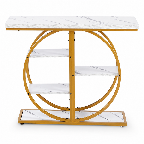 Gold Circle Console Table with Marble Shelves & Storage