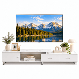 Extendable marble-top TV unit with two drawers, cabinet and open shelf
