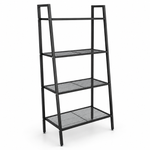 4-tier ladder shelf in a sleek black metal design, featuring four mesh shelves for storage and display.