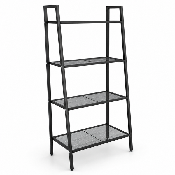 4-tier ladder shelf in a sleek black metal design, featuring four mesh shelves for storage and display.