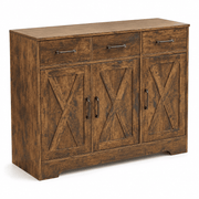 Farmhouse Buffet Sideboard cabinet in antique wood finish with three drawers and two doors, perfect for dining room or living room.
