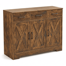 Farmhouse Buffet Sideboard cabinet in antique wood finish with three drawers and two doors, perfect for dining room or living room.
