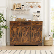 Farmhouse Buffet Sideboard cabinet in antique wood with coffee station and decor in a bright living room setting.