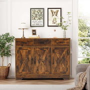 Farmhouse Buffet Sideboard cabinet with rustic design, showcasing antique wood finish and charming decor accents.