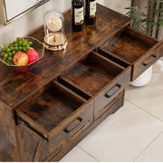 Farmhouse Buffet Sideboard with open drawers displaying storage and decorative items like fruit and wine bottles.