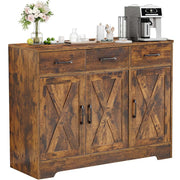 Farmhouse Buffet Sideboard with antique wood finish, featuring drawers and cabinets, styled as a home coffee station.