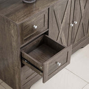 Farmhouse Sideboard Storage cabinet with open drawer, featuring rustic wood finish and decorative knobs.