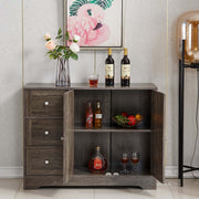 Farmhouse Sideboard Storage cabinet with open shelves displaying drinks and decor, perfect for kitchen or dining room organization.