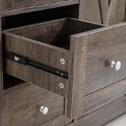 Farmhouse sideboard storage cabinet showing the open drawer with sleek metal slide and rustic wood finish.