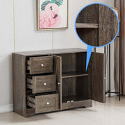 Farmhouse Sideboard Storage Cabinet with three drawers and open shelf, showcasing rustic wood finish.