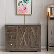 Farmhouse Sideboard Storage Cabinet in rustic brown with three drawers and two doors, ideal for kitchen and dining room organization.