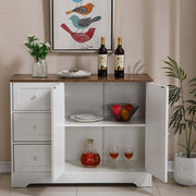 Farmhouse Sideboard Storage Cabinet with open doors, displaying wine bottles and decorative items on top.