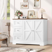 Farmhouse Sideboard Storage cabinet in white with rustic wood top, featuring doors and drawers for organization.