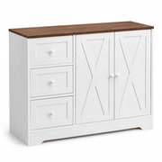 Farmhouse Sideboard Storage cabinet in white with brown wooden top and stylish drawers, ideal for organizing spaces.