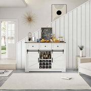 Farmhouse Wine Bar Cabinet styled in a modern living room, featuring white finish and rustic wood top, perfect for storage.