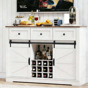 Farmhouse Wine Bar Cabinet with white finish and rustic wood top, featuring storage for wine bottles and a stylish design.