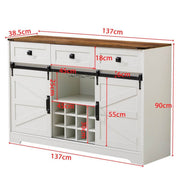 Farmhouse Wine Bar Cabinet with dimensions, featuring a rustic wood top and crisp white finish. Perfect for various home uses.