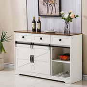 Farmhouse Wine Bar Cabinet featuring a white finish and rustic wood top, perfect for wine storage and home decor.