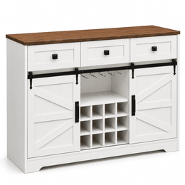 Farmhouse Wine Bar Cabinet with a rustic wood top and a crisp white finish, perfect for wine storage and home decor.