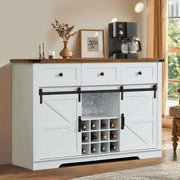 Farmhouse Wine Bar Cabinet featuring a rustic wood top, white finish, wine storage, and coffee station setup.