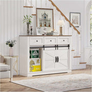 Farmhouse Wine Bar Cabinet with white finish and rustic wood top in modern living room setting.