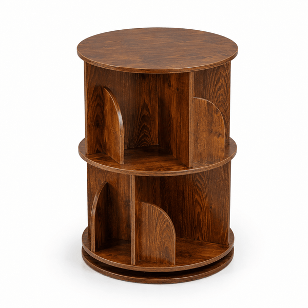2-tier rotating bookshelf with elegant wood finish on white background