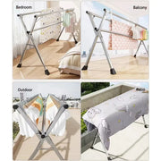 Foldable Clothes Rail in various settings: bedroom, balcony, outdoor, and patio for easy garment drying.