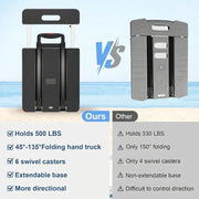 Comparison of Foldable Hand Truck with 6 wheels, holding 500 lbs vs other folding hand trucks, showcasing features and benefits.
