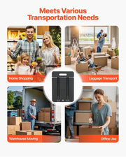Foldable Hand Truck with 6 wheels shown in various transportation uses: home shopping, luggage transport, warehouse moving, office use.