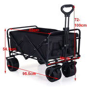 Detailed dimensions of black collapsible outdoor cart with brakes