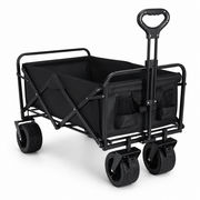 Black collapsible outdoor cart with brakes on white background
