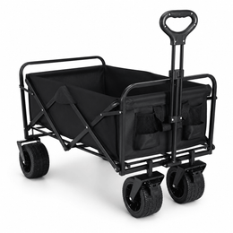 Black collapsible outdoor cart with brakes on white background