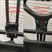 Secure handle lock clip details on collapsible outdoor cart with brakes