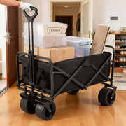 Heavy-duty collapsible outdoor cart with brakes hauling moving boxes indoors