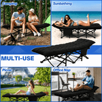 Folding camping cot with mattress set up outside a camping tent