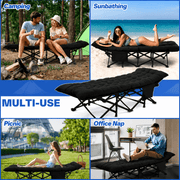 Folding camping cot with mattress set up outside a camping tent
