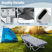 Quality details of reinforced steel frame on folding camping cot with mattress