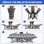 Quick 10-second setup guide for portable folding camping cot with mattress