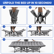 Quick 10-second setup guide for portable folding camping cot with mattress